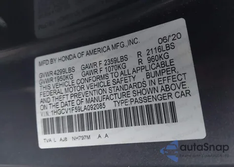 2020 Honda Accord Ex-L z USA, uszkodzony, nr VIN 1HGCV1F59LA092085